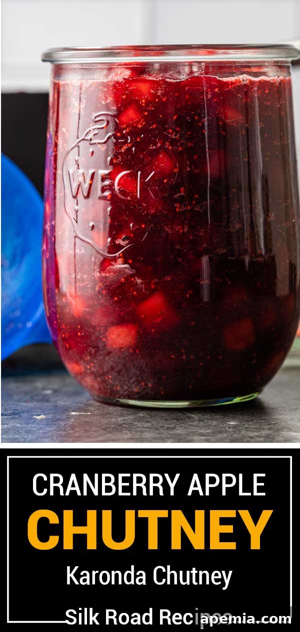 glass jar of cranberry apple chutney, beautifully preserved