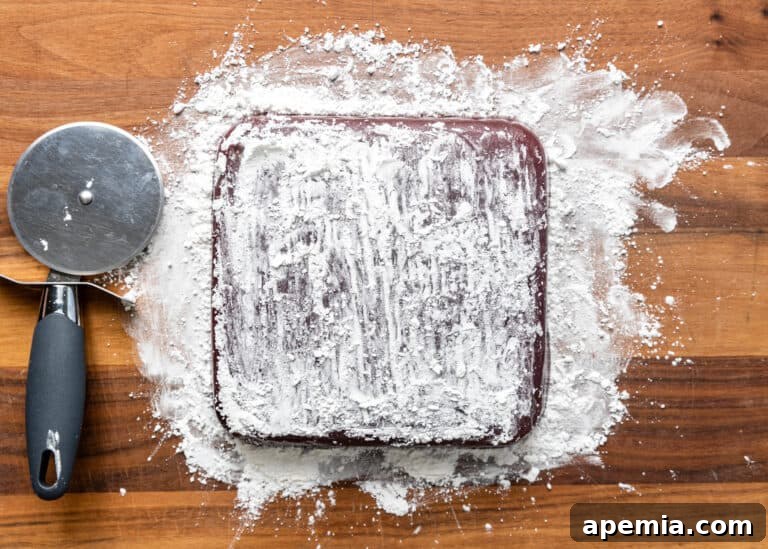 The overturned Turkish Delight block dusted with a mixture of powdered sugar and cornstarch.