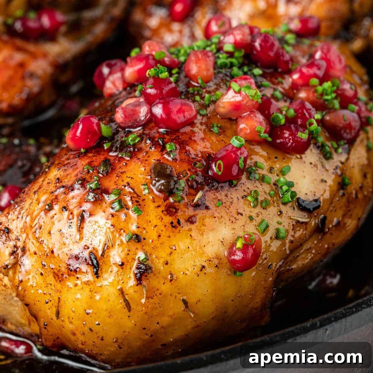 Closeup of pomegranate chicken in a skillet, garnished with fresh pomegranate arils and herbs.
