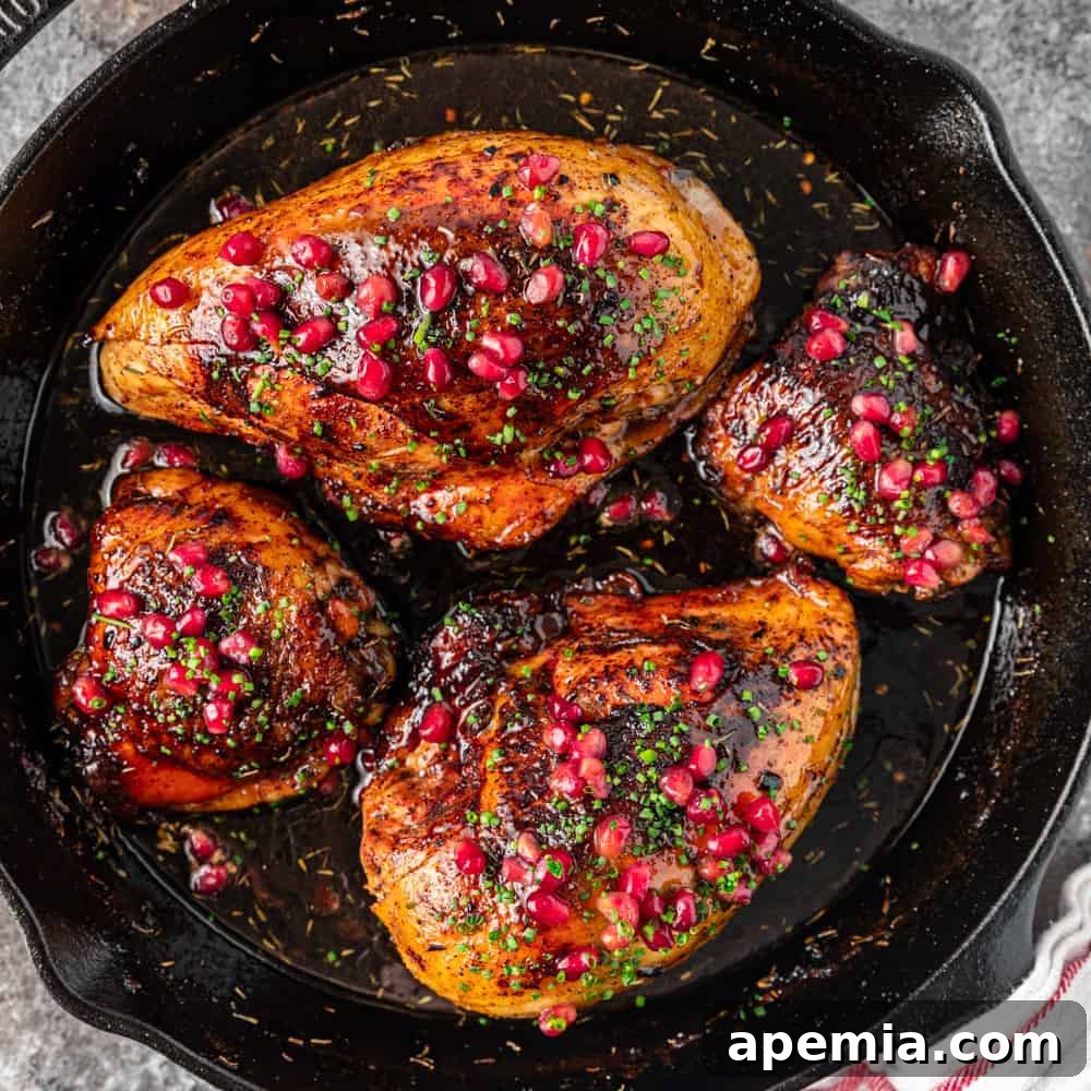 Overhead view of four pieces of Morgh-e Nardooni (pomegranate chicken) simmering in a cast iron skillet.