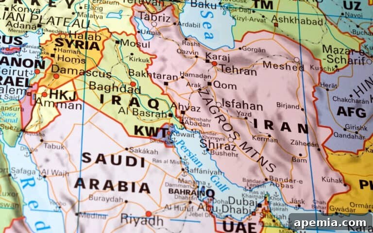 Detailed map highlighting the Middle East region, where pomegranate chicken originates.