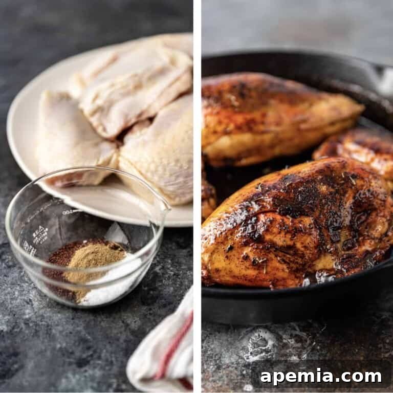 A photo collage showing raw chicken breasts on a plate, Persian spices in a glass bowl, and pan-seared chicken pieces ready for the next step.