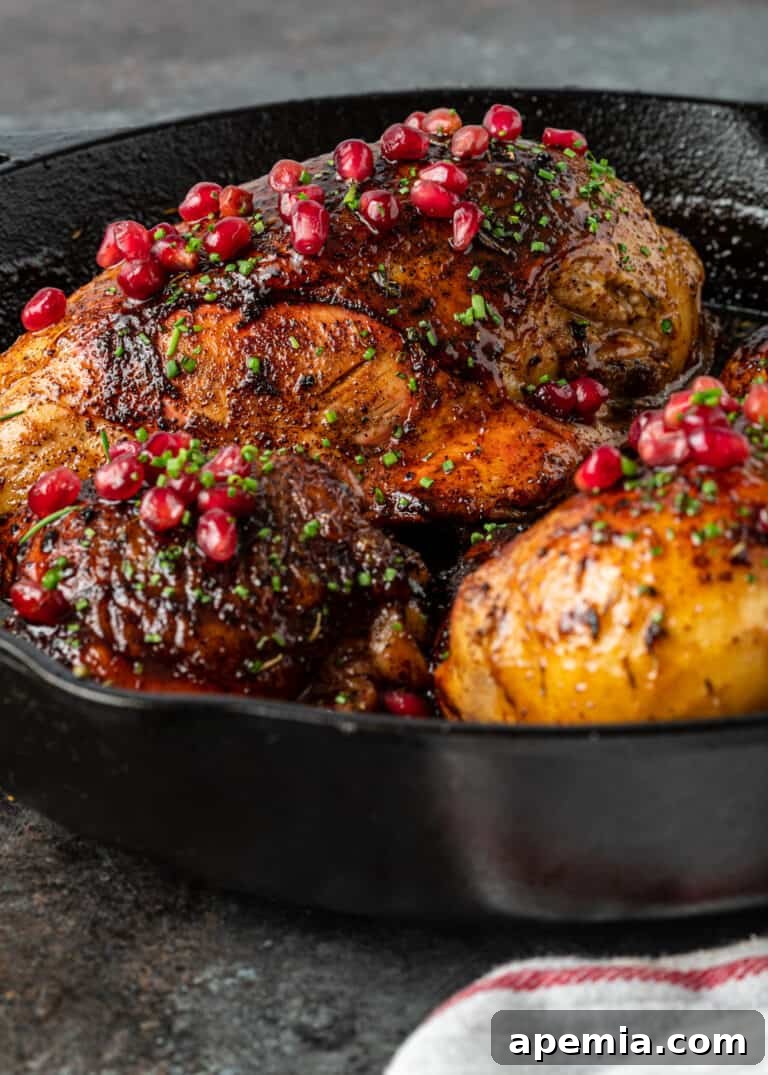 Side view of our juicy pomegranate chicken recipe in a cast iron skillet, showcasing its rich sauce and garnishes.