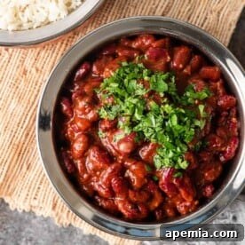Overhead dish of Indian masala curry with kidney beans