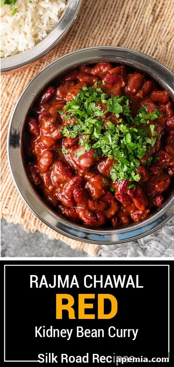 Overhead image of a vibrant red kidney bean curry in a traditional copper serving bowl, inviting and appetizing.