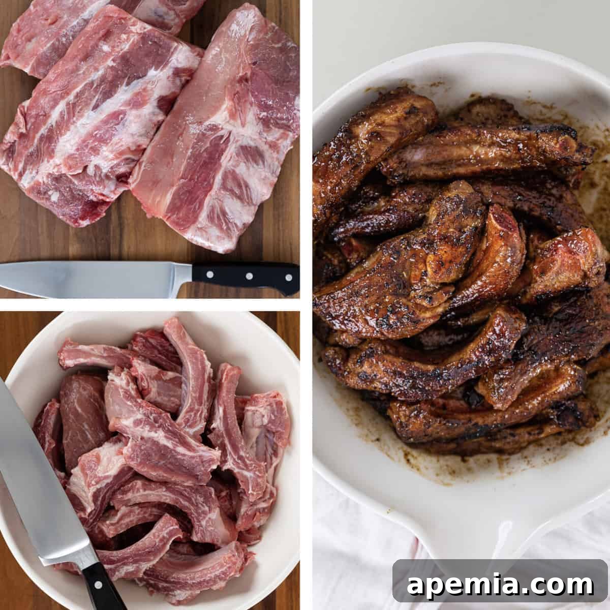 Photo collage showing raw pork loin ribs on a cutting board on the left, and cooked ribs in curry sauce on the right