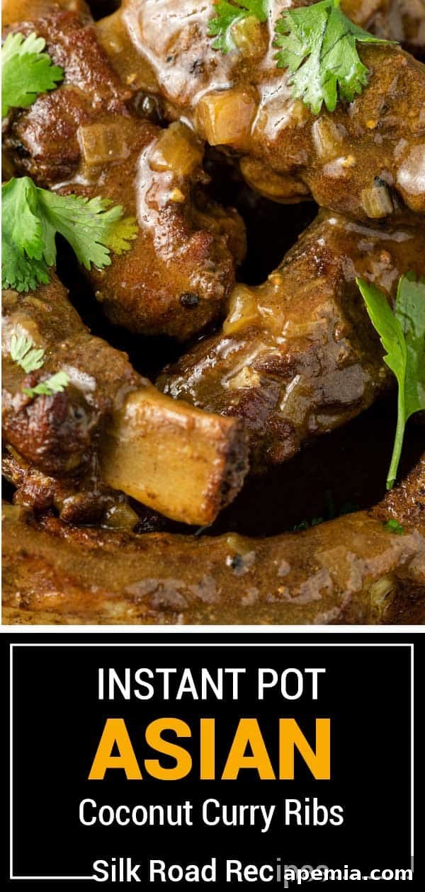 Titled image of Instant Pot Asian Ribs with a rich curry sauce, ready to be served