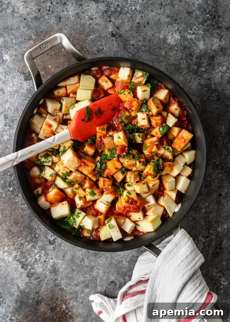 Flavorful Moroccan Zaalouk Eggplant Spread 6 overhead: stirring cooked tomato and eggplant in skillet