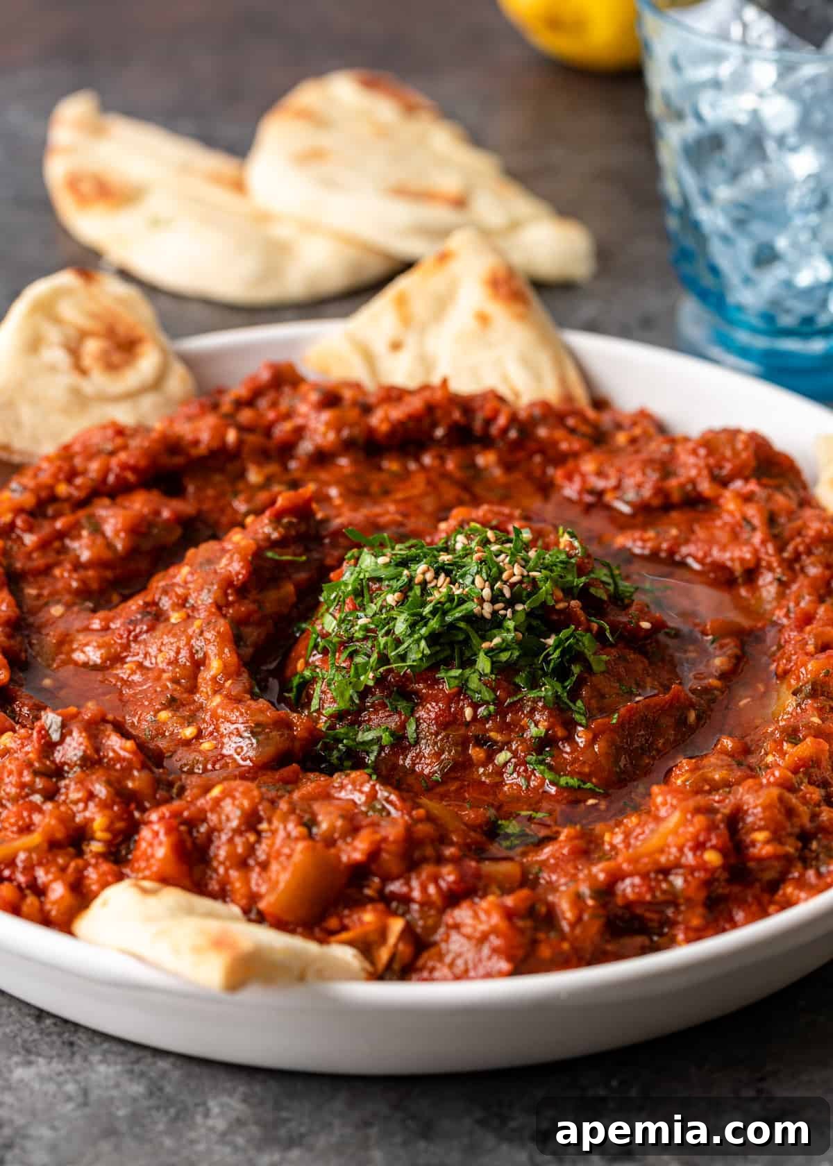 Flavorful Moroccan Zaalouk Eggplant Spread 7 creamy tomato and Moroccan eggplant salad in white bowl with pita chips