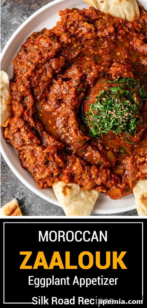 Flavorful Moroccan Zaalouk Eggplant Spread 9 titled image (and shown): Moroccan zaalouk eggplant appetizer