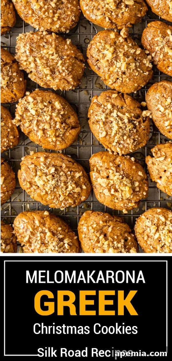 Beautifully arranged Melomakarona Greek Christmas Cookies with a festive background