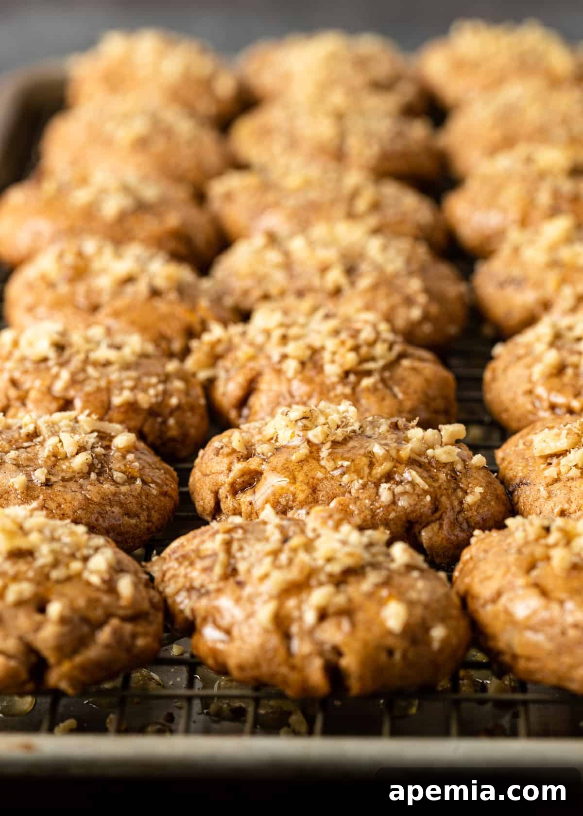 A fresh batch of Melomakarona cooling on a wire rack after being drizzled with syrup