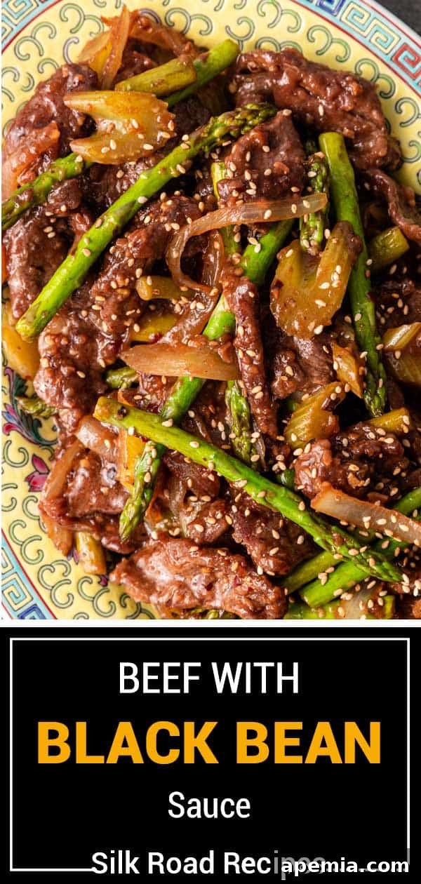 Titled image of the final beef with black bean sauce dish, presented beautifully on a platter.