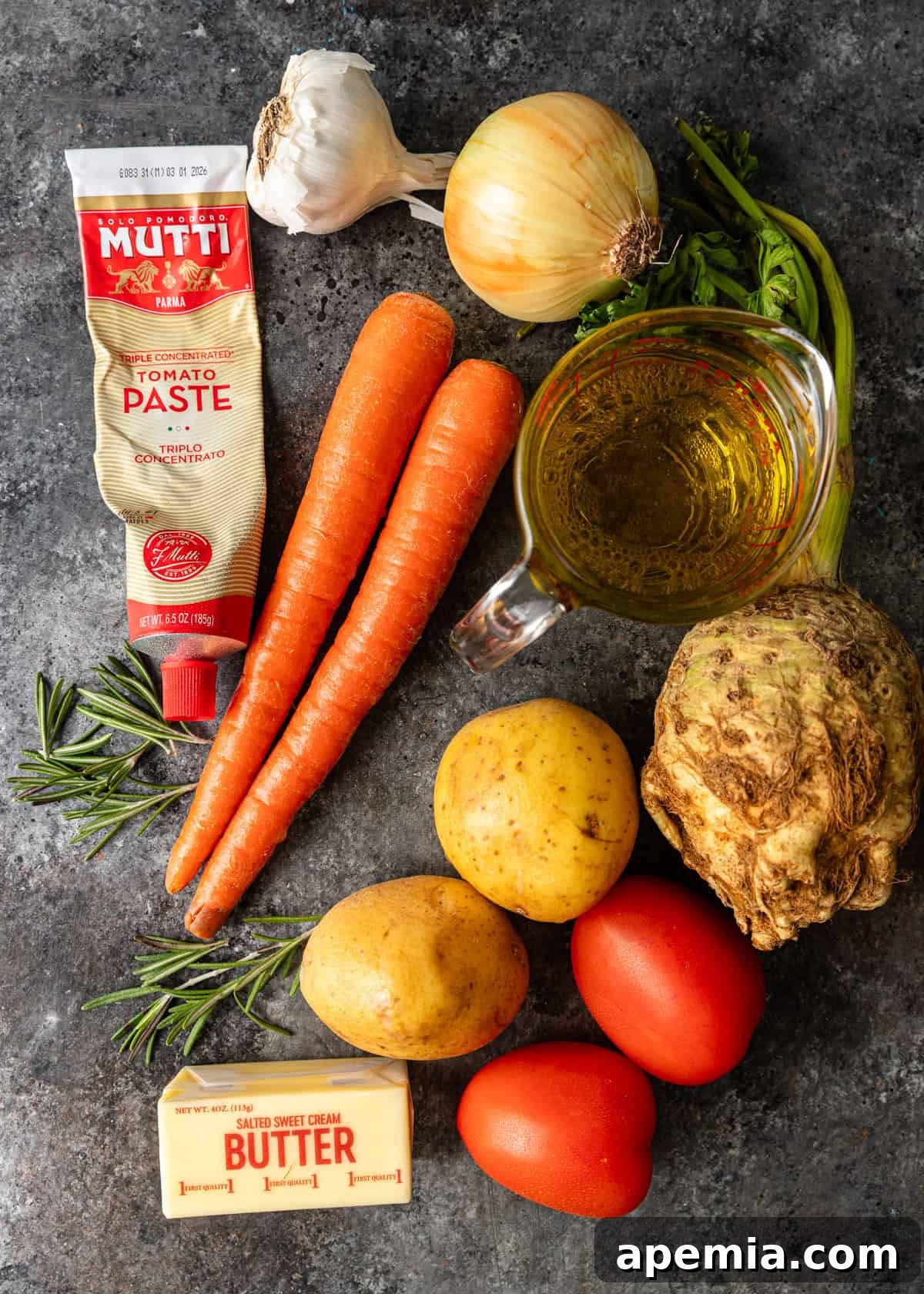 overhead process shot: ingredients to make the croatian peka recipe on countertop 