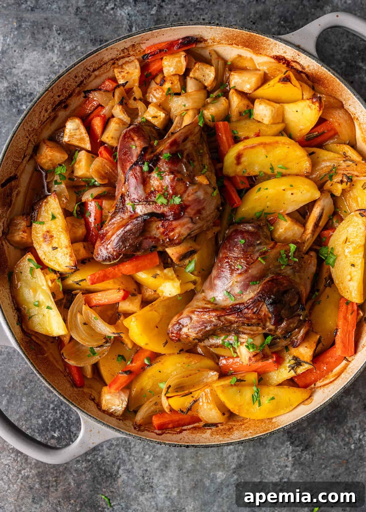 overhead process shot: cooked peka in dutch oven