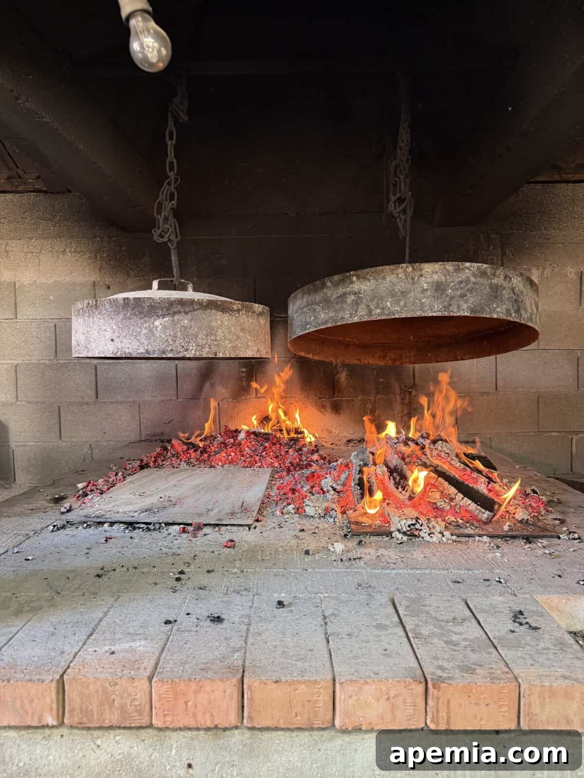 side view process shot: two domed iron lids hanging above on a chain over burning wood