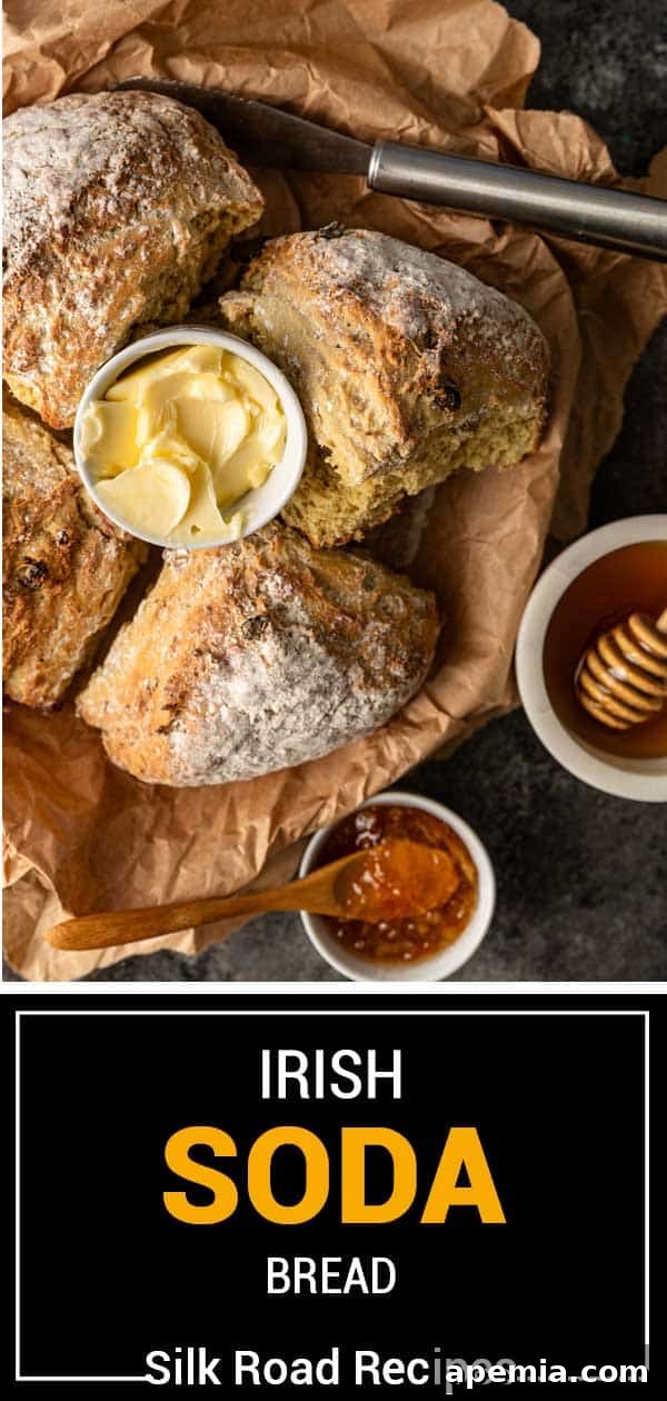 Titled image showing a full loaf of Irish soda bread, golden brown and perfectly baked.