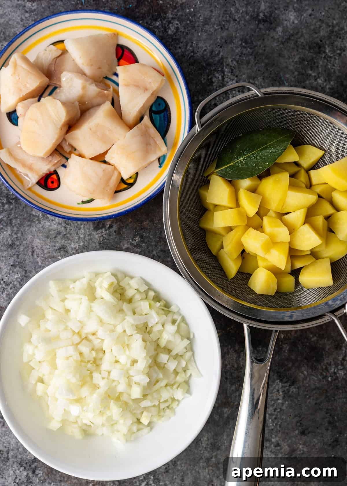 overhead process shot: chopped ingredients to make the bakalar recipe