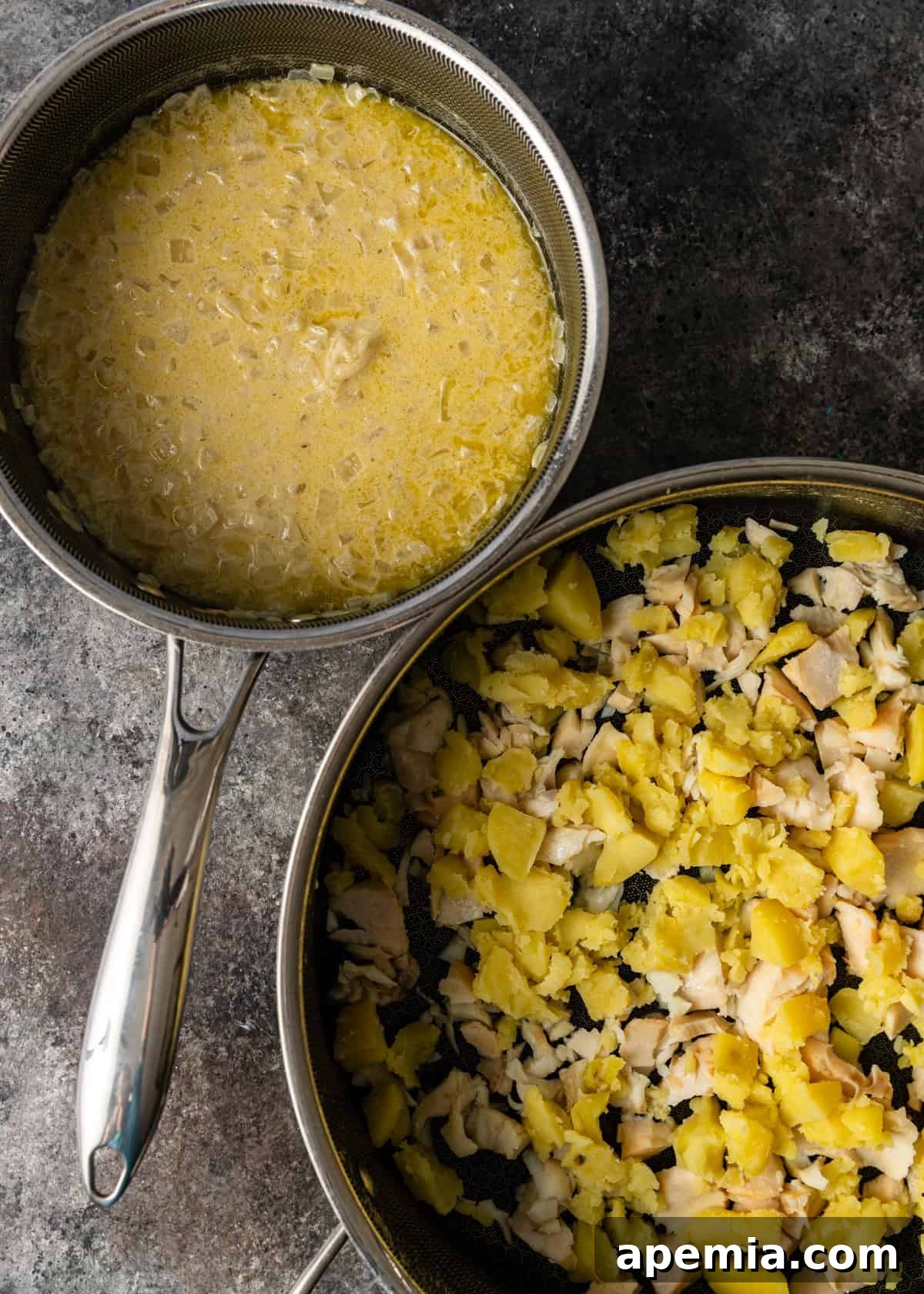 overhead process shot: ingredients for bakalar in two pans 