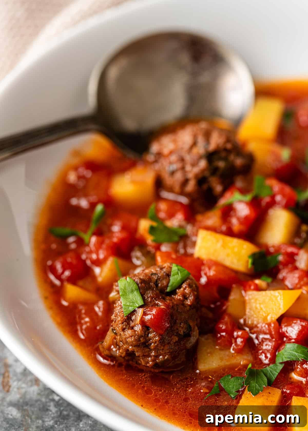 Close-up side view of a spoon poised in a bowl of hot meatball stew, ready to be enjoyed.