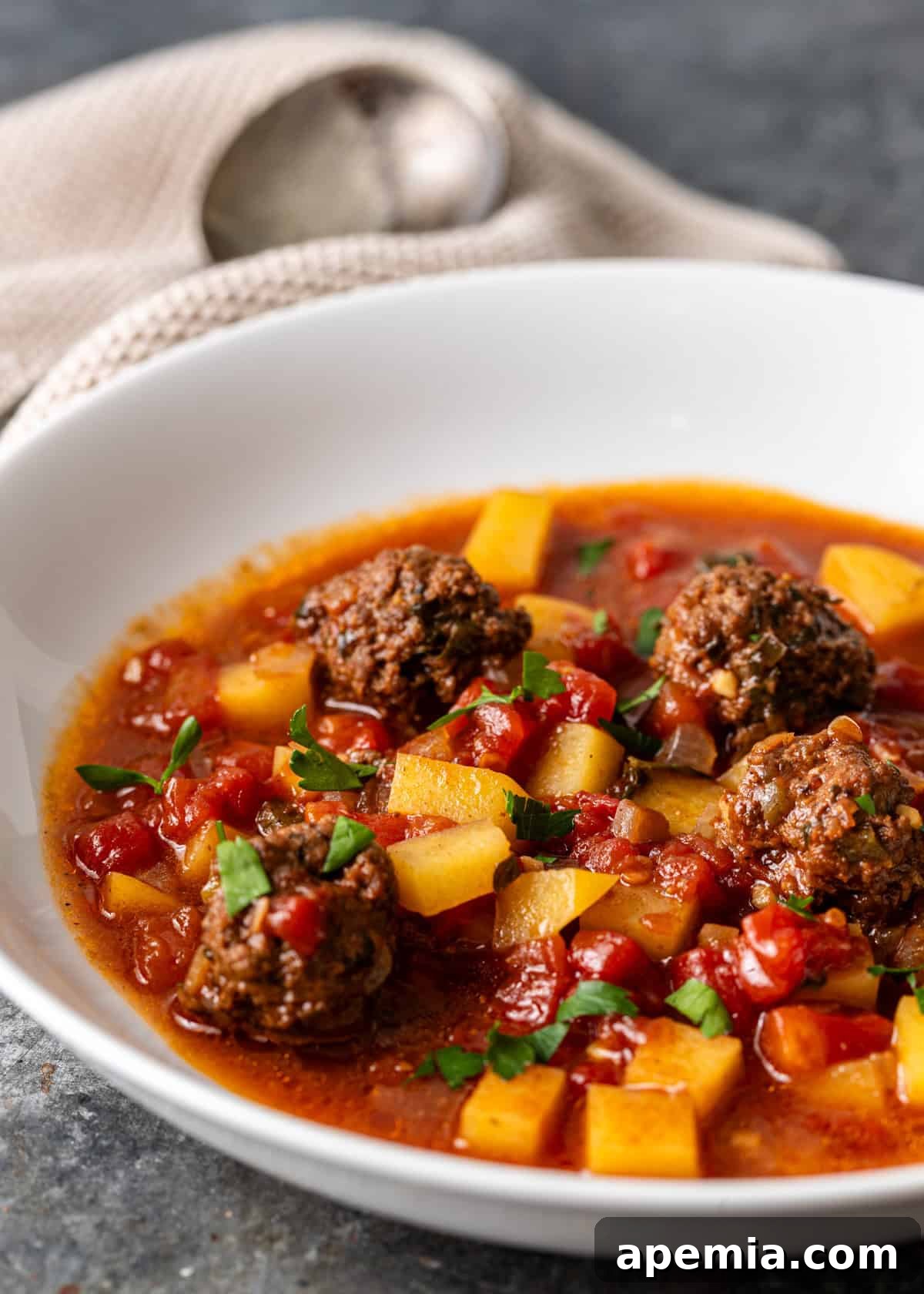 Close-up side view of a bowl of Ras Asfour meatball stew, showcasing its rich texture and tender ingredients.