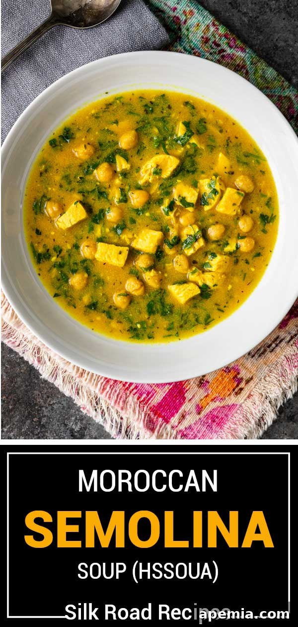 A tall Pinterest-optimized image titled Moroccan Semolina Soup (Hssoua), showing a bowl of the soup.