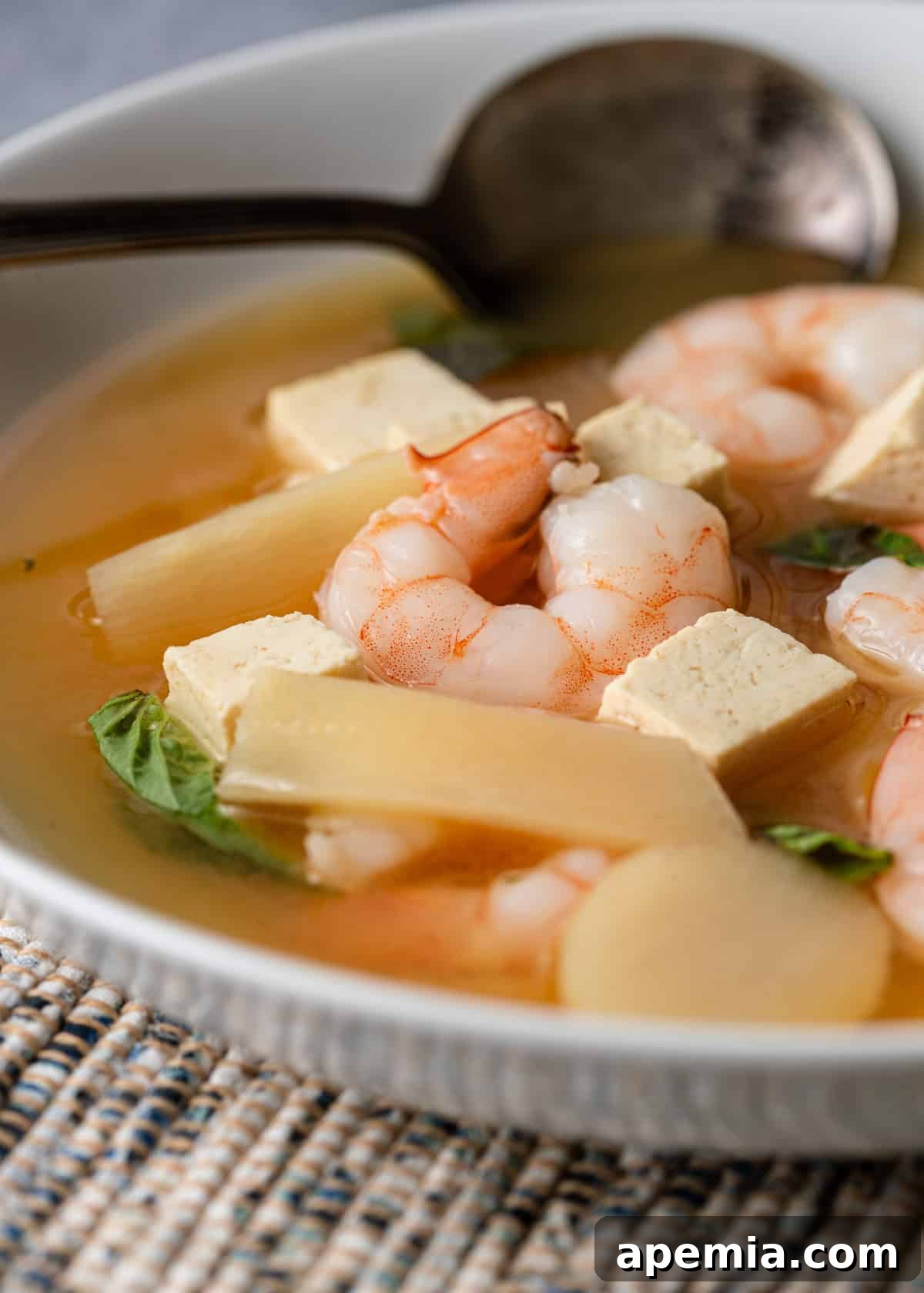 extreme closeup side view: spoon in bowl with shrimp and tofu