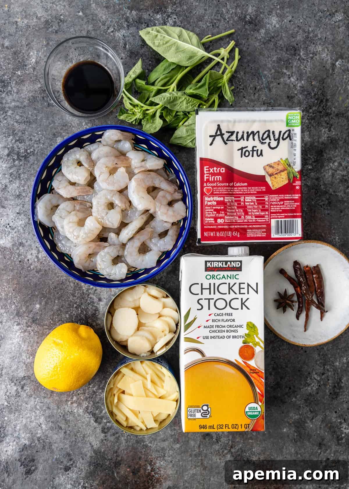 overhead: ingredients to make this shrimp and tofu soup recipe
