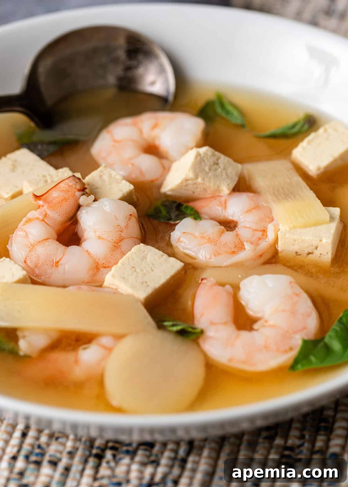 extreme closeup: ready to serve bowl of shrimp and tofu with spoon