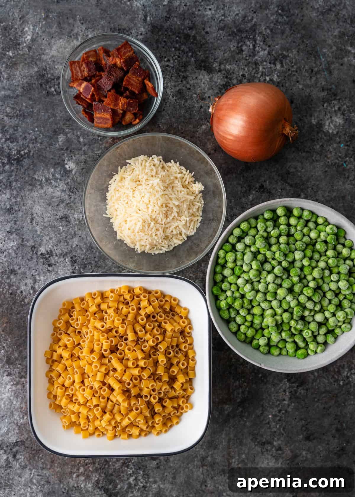 overhead: ingredients to make this pasta with peas recipe
