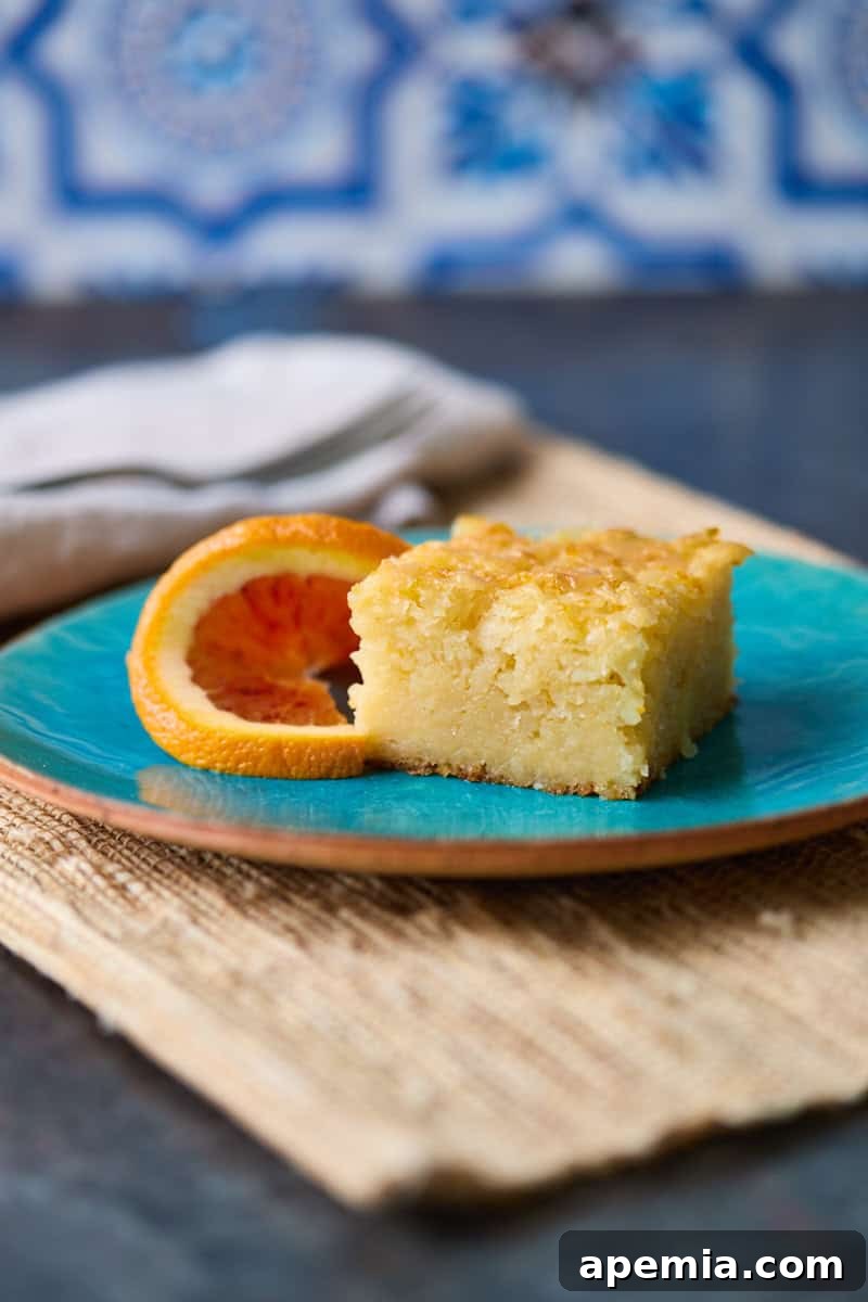 closeup side view: slice of Greek orange cake with syrup on blue plate with slice of orange