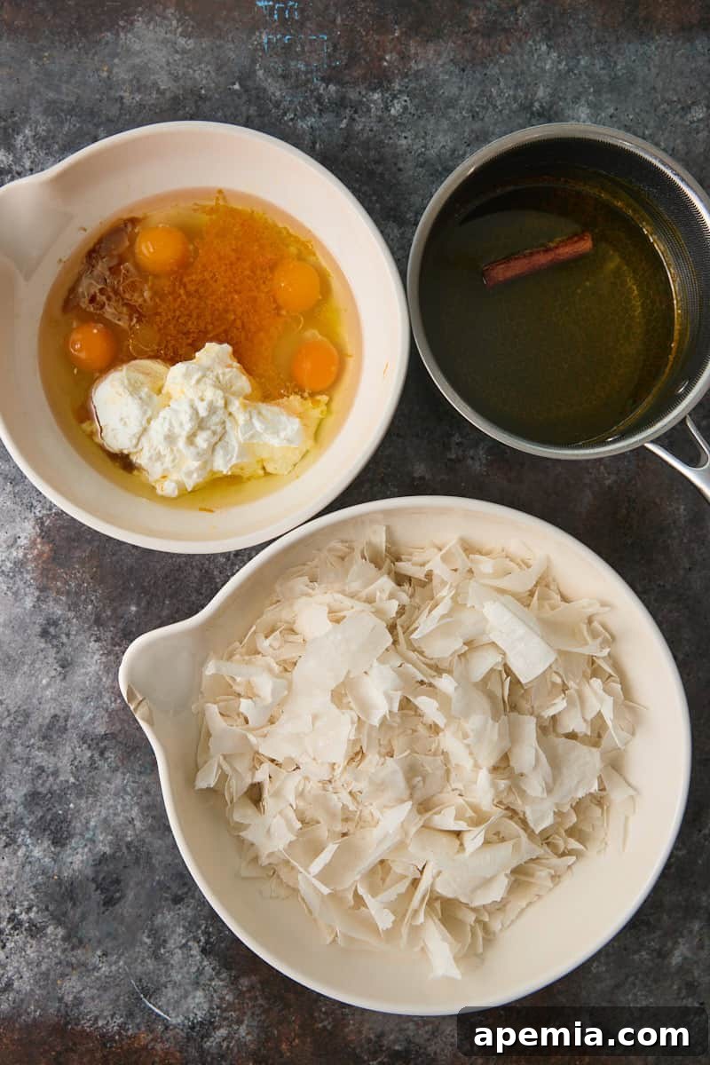 overhead: ingredients to make this broken phyllo cake