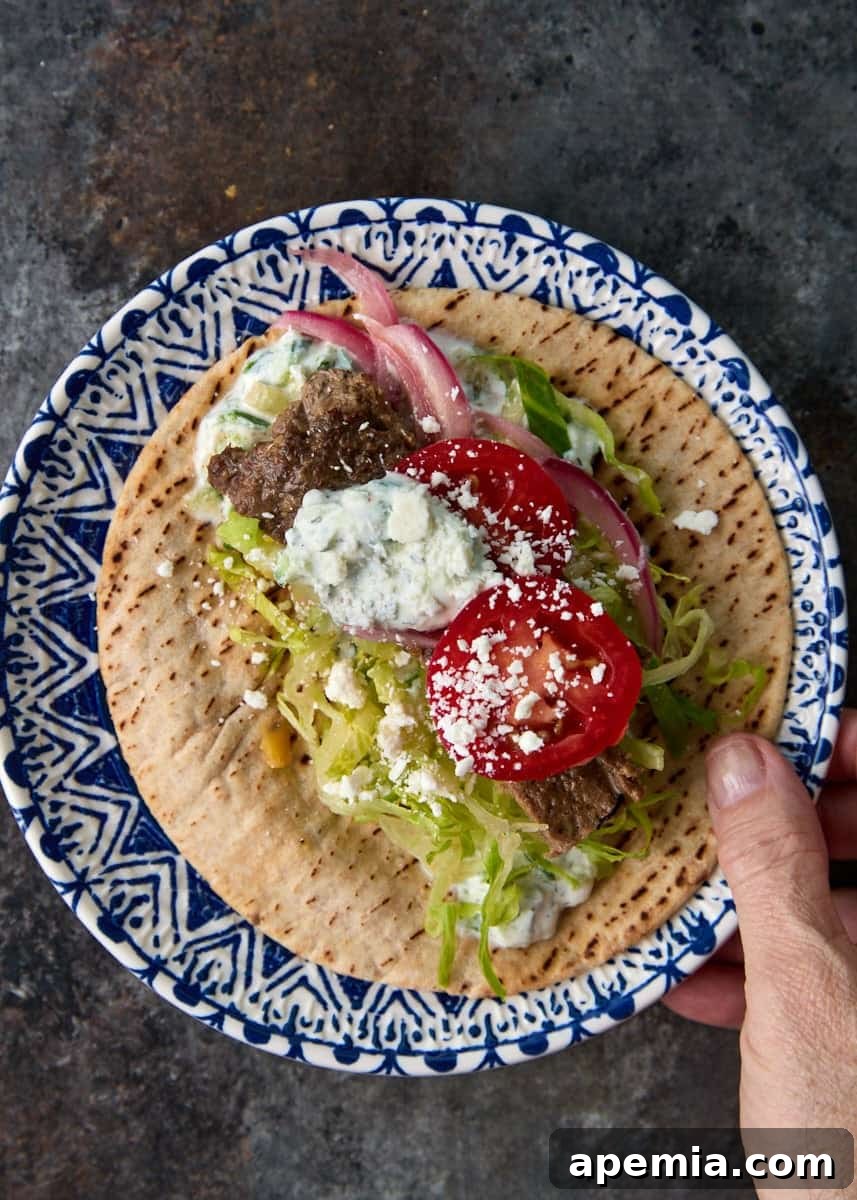 overhead: hand holding plate with ready to eat gyros