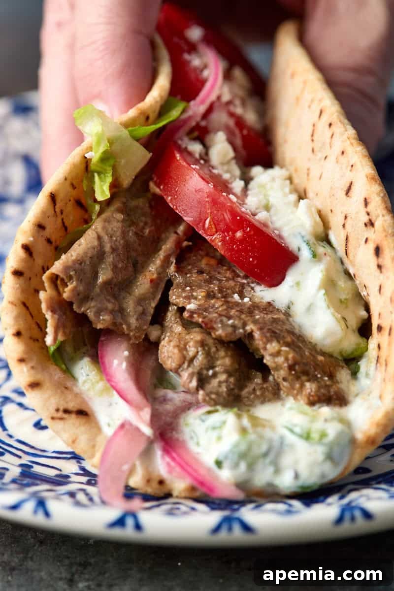 extreme closeup side view: hand holding ready to eat Greek gyros on plate