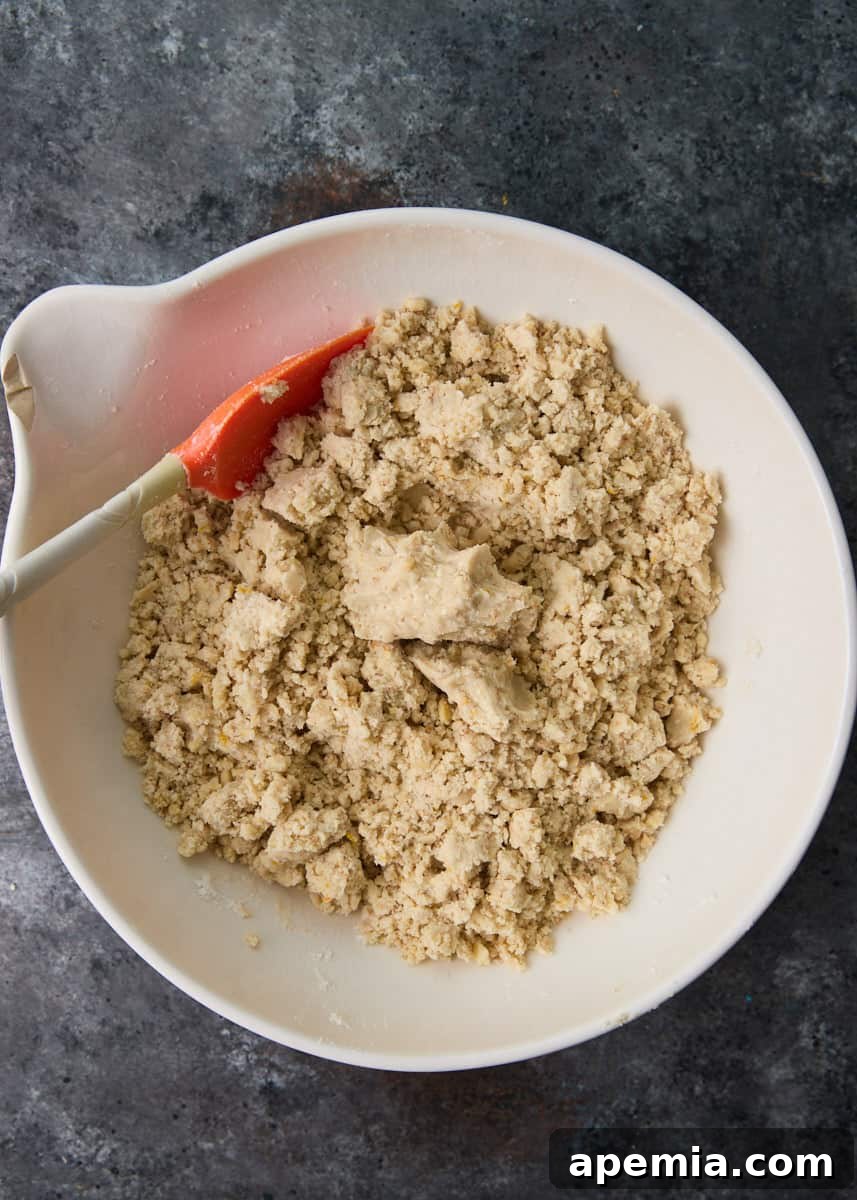 overhead process shot: mixed ingredients in mixing bowl