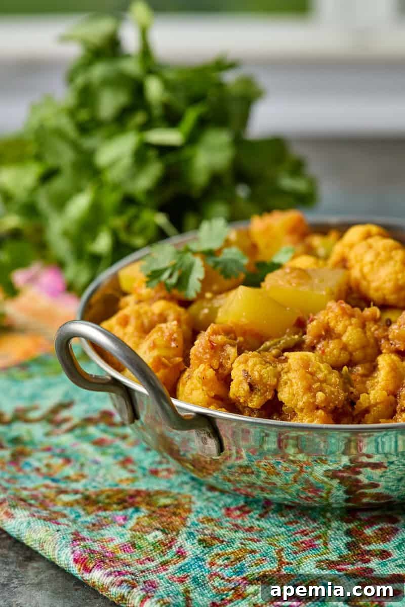 closeup side view: ready to serve metal bowl of potato cauliflower curry