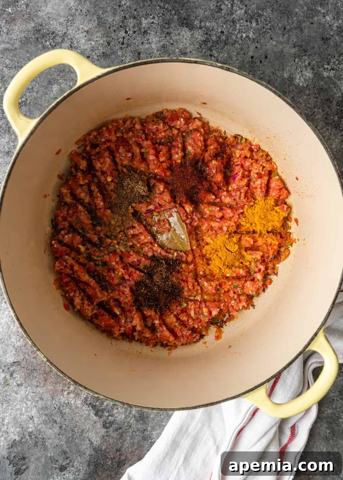 overhead process shot: pureed vegetables in dutch oven