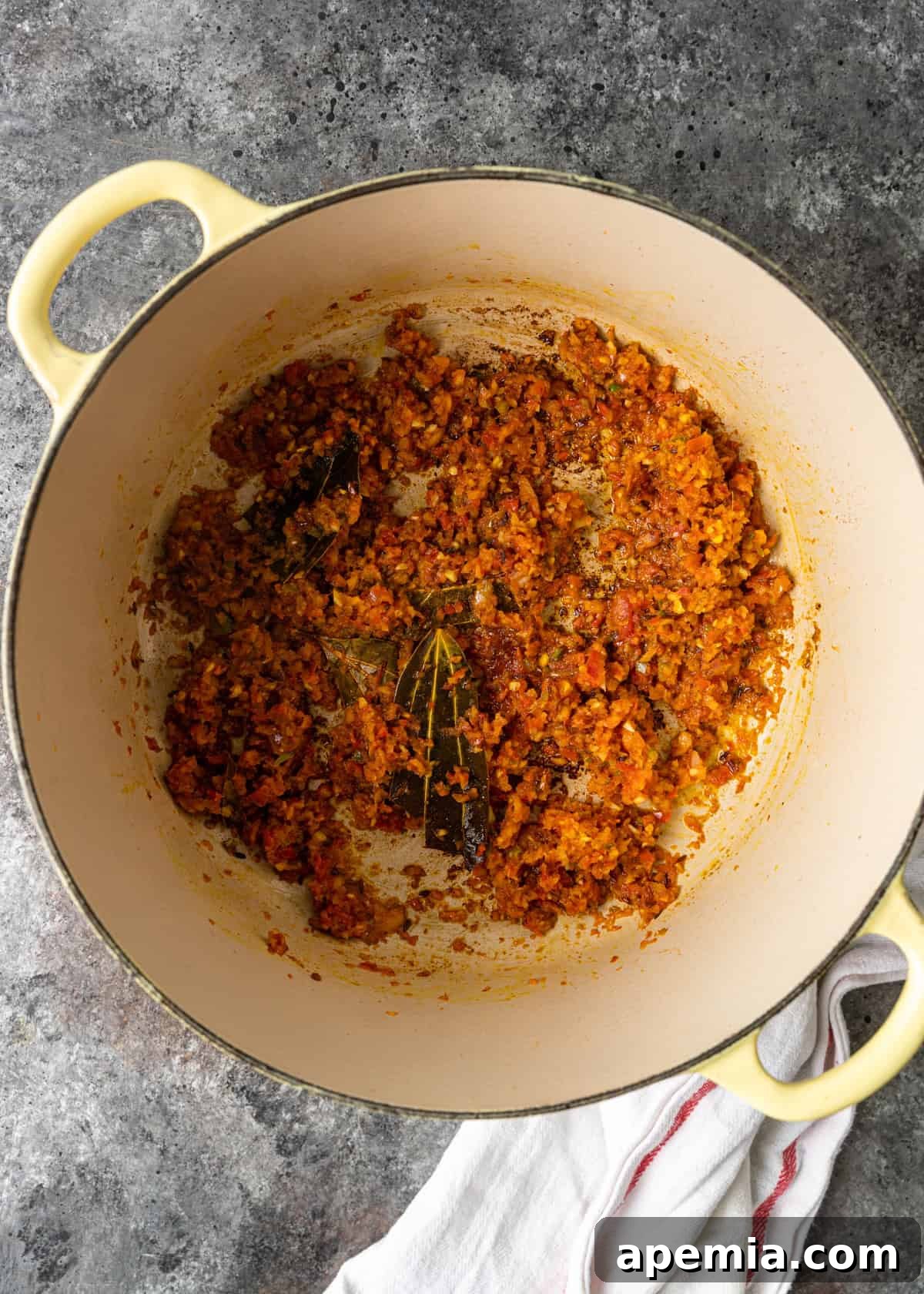 overhead process shot: pureed vegetables in dutch oven