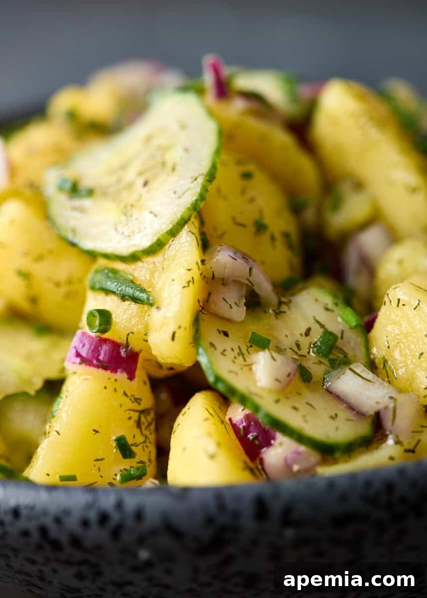 extreme closeup side view: ready to serve potato cucumber salad in bowl
