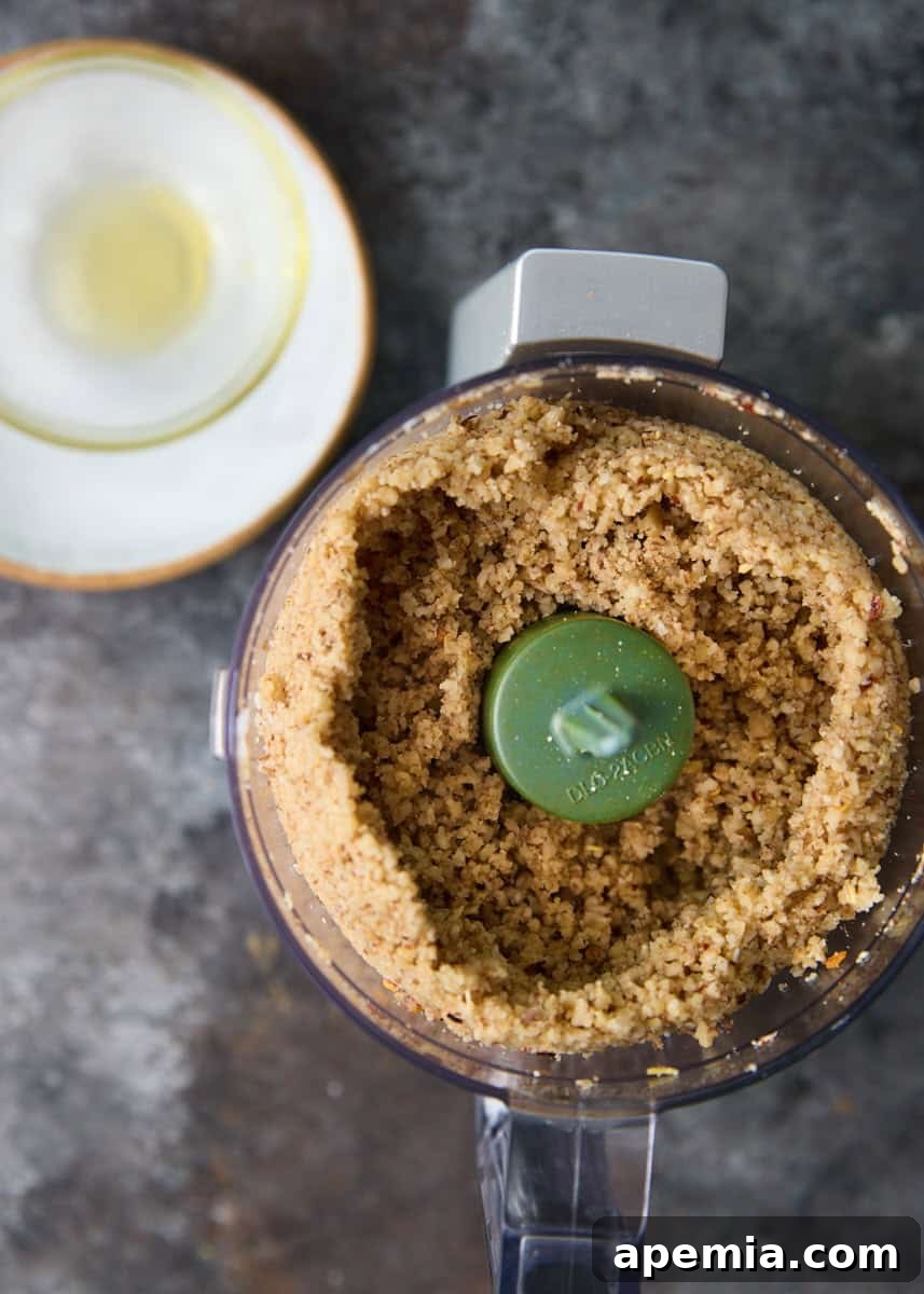 overhead process shot: blended ingredients in food processor