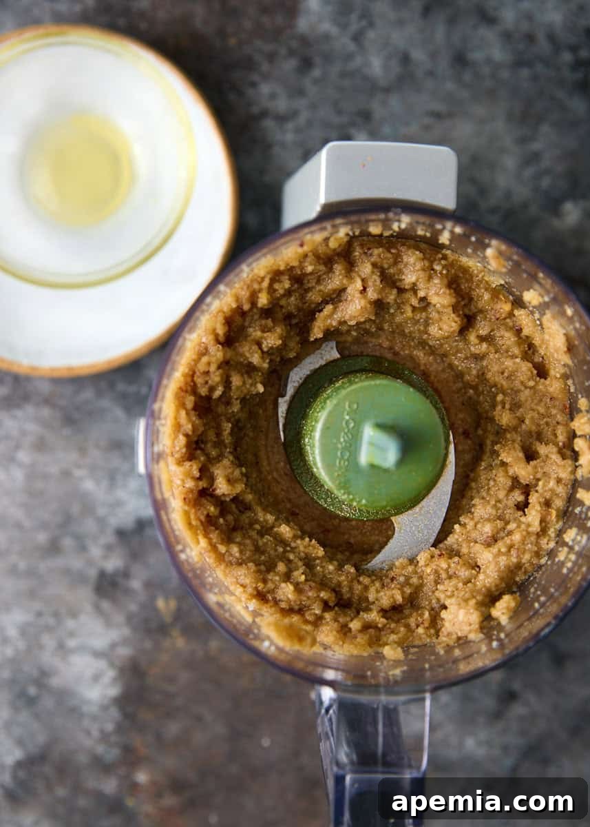 overhead process shot: blended ingredients in food processor