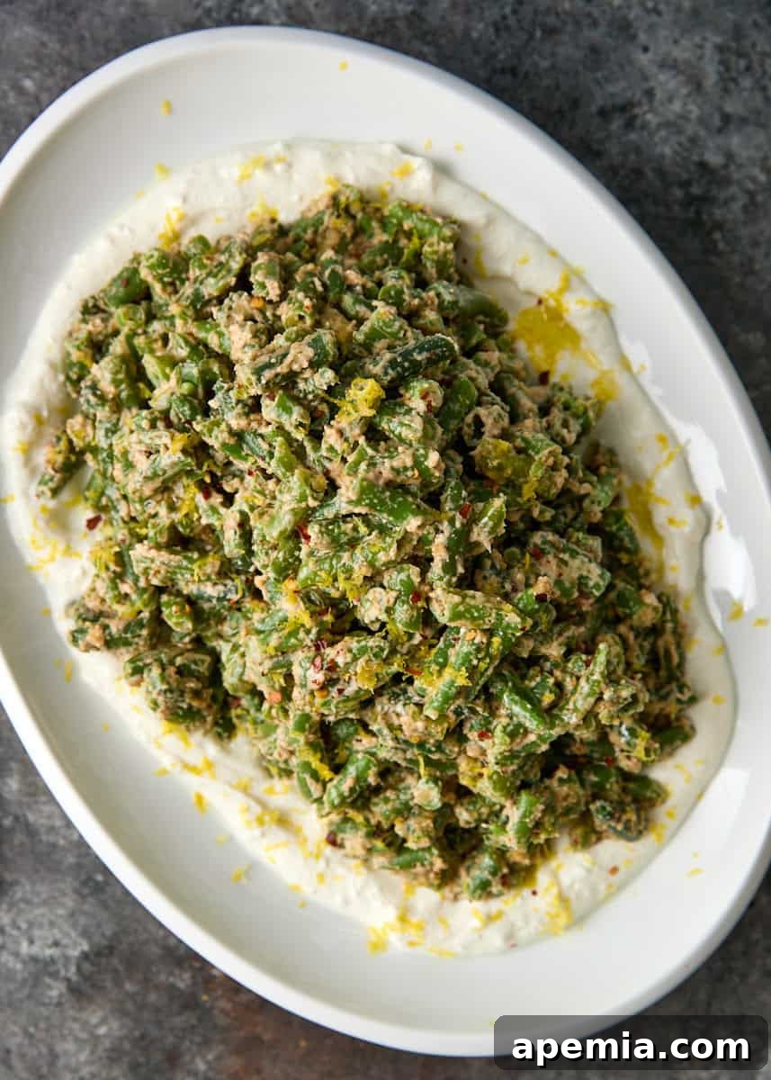 overhead: ready to serve green beans with walnuts